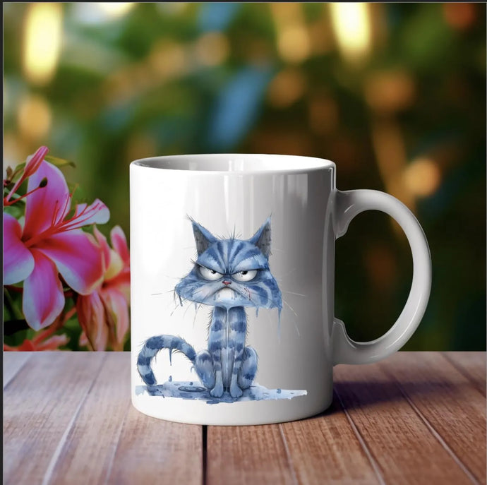 Blue Striped Grumpy Cat Ceramic Mug